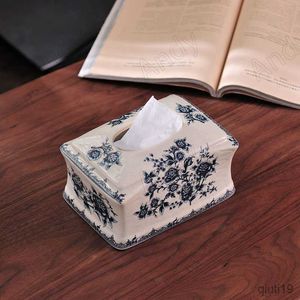 Tissue Boxes Napkins Modern Ceramic Tissue Box Chinese Blue and White Porcelain Desktop Paper Boxes Ice Crack Decorative Dining Room Napkin Organizer R230715