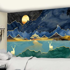 Tapissries Dome Cameras Ink Målning Landskap Vägg Tapestry Mountain Night Room Wall Hanging Tapestry Home Decor Table Tape Tapestry