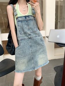 Casual Dresses SML Korean Preppy Style 2023 Summer Women Girls Vintage Straps Denim Dess Female Straight Mini Tassel Jeans Dress Womens