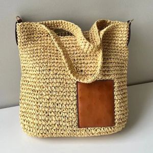 7A Raffia Straw Shoulder Bag Woven Slit Tote Bags Top Handles Handbag Purse Genuine Leather Fashion Letter Patch Jacquard Embroidery Strap paty gift