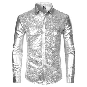 Qnpqyx ny silver metalliska paljetter glitter skjorta män nya 70 -tals disco party halloween kostym kemis homme scen prestanda skjorta man