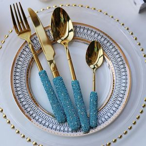 Conjuntos de louça em diamante incrustado faca e garfo colher luxo azul produtos domésticos criativos conjunto de talheres de aço inoxidável