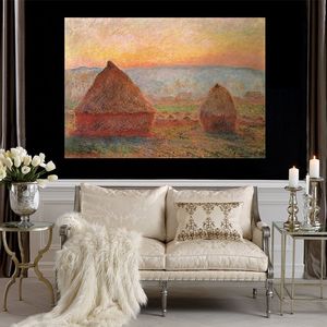 Leinwandkunst, handgemalte Ölgemälde von Claude Monet, Getreidestapel in Giverny, Sonnenuntergang, Gartenlandschaft, Kunstwerk, Restaurantdekoration