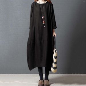 Casual Dresses Women Elegant O-neck Pockets Cotton Linen Maxi Kaftan Dress Korean Fashion Female Robe Long Vintage Vestidos