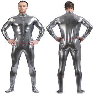 Herren-Bodysuit-Kostüme vorne langer Reißverschluss silbergrau glänzendes Lycra-Metallic-Männer-Catsuit-Kostüm-Outfit ohne Kopf und Hand Halloween317b