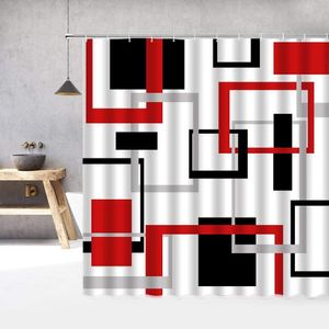 Duschvorhänge, abstrakte Geometrie, Schwarz, Weiß, Rot, Duschvorhang, 3D-Block, eleganter Rahmen, modernes dekoratives Stoffbadezimmer mit grauem Haken 230714