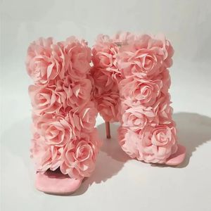 Kobiety BaBypink Floral Bootie Kobietowy kwadratowy stóp szpilka szpilki obcasy kostki damskie sandały kwiatowe różowe