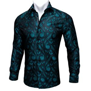 Jeans Barry.Wang Teal Paisley Çiçek İpek Gömlek Erkekler Sonbahar Uzun Kollu Çiçek Gömlek Erkekler Tasarımcı Fit Elbise BCY05