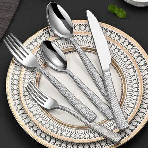 Dinnerware Sets 5Pcs Stainless Steel Cutlery Set Thickened Textured Handle Knife Fork Spoon Western Kitchen Tableware