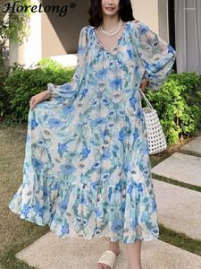 Повседневные платья Horetong Двухчастотное шифоновое цветочное платье 2023 модное элегантное фонарь с длинным рукавом праздничный отдых на свободу миди