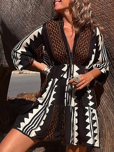 Casual Dresses V Neck Femme 2024 Three Quarter Sleeve Dress Women Patchwork Mini Print Spring Summer Party Club Slim Elastic midja