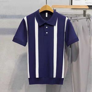 Männer T-Shirts Sommer Mode Männer Eis Seide Dünne Gestrickte Pullover Polo Shirt Vintage Casual Korea Luxus Streifen Mann Kurzarm POLO T-shirts Top L230715