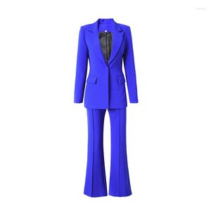 メンズスーツクラシック女性スーツブリティッシュスタイルのブルー長袖シングルボタンブレザー2PCSジャケットパンツフレアオフィス