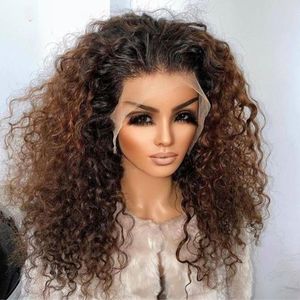 T-Shirt Soft 26 "long Ombre Honey Blonde Brown 180density Kinky Curly Lace Front Wig for Black Women Babyhair Glueless Preplucked Daily