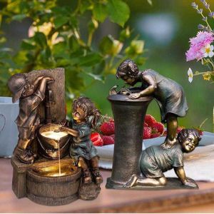 Garden Decorations Sculpture Garden Ornaments Harts Crafts Gardening Harts Boy and Girl Lekar With Running Water Staty Yard Art Decoration L230715