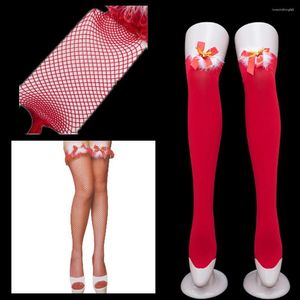 Women Socks Red Christmas Bow Thigh High Stockings Sexy Lady Knee Sheer Fishnet Comfortable Tight Mesh Fetish Club Party Hosiery