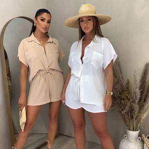 Fashion Casual Suit Women's Two Piece Set Solid Color Classic Single Breasted Sleeved Chiffon Shirt Elastic midje Shorts Lady Summer Clothes Plus Size S- XL