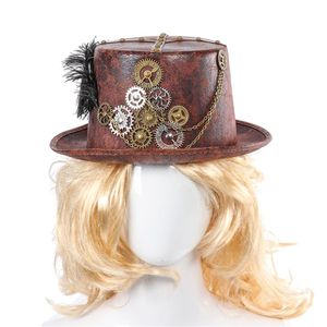 Steampunk retro hattar karneval cosplay bowler växel kedja fjäder dekor parti kepsar halloween bruna runda topp hattar för män kvinnor t200253n