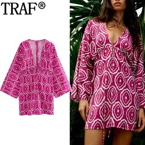 Basic Casual Dresses TRAF Print Short For Womens 2023 Boho Chic And Elegant Woman Dress Long Sleeve Mini Summer Tied Beach 230715
