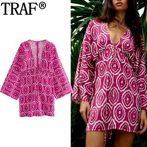 Основные повседневные платья Traf Print Short для женщин 2023 Boho Chic и элегантная женщина платье с длинным рукавом мини -летний пляж 230715