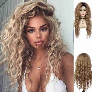 Syntetiska peruker gnimegil syntetiska långa vågor peruker för kvinnor honung blond peruk vatten våg peruker cosplay peruker ombre curl hår mörka rötter naturliga peruk x0715