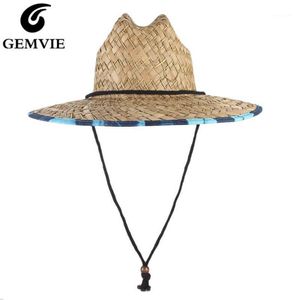 Chapéus de aba larga GEMVIE salva-vidas chapéu de safári de palha para homens e mulheres verão sol com cordão no queixo1322S