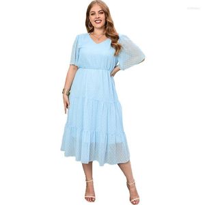 Plus Size Dresses Summer For Women Elegant Dot Chiffon Dress V Neck Ruffles Casual Solid Short Sleeve Midi Beach Party