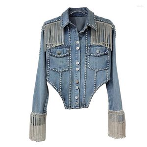 Kvinnorjackor Spring denim diamanter fransade kedja jeans kappa kvinnliga strass Tassels nitar bomber jacka cardigan crystal streetwear