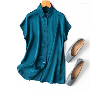 Damskie bluzki kobiety letnia jedwabna bluzka z krótkim rękawem noś zwykłe eleganckie naturalne granatowe topy koszuli