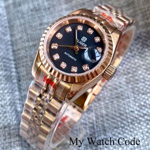 Andra klockor NH05 Movt Rose Gold Women Automatic Watch 26mm Steel Case Sapphire Cyclop Fluted Bezel Baton Hand Business Girl S armbandsur 230714