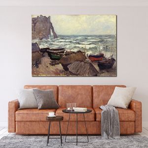 Canvas Art Impressionist Fishing Boats on The Beach at Etretat Claude Monet Landscape Painting Handmade Romantic Home Decor
