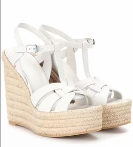 2023 Women Sandal High Heels Wedges أحذية تحية جلدية إسفين Espadrille Sandals تصميم فاخر الصيف الكعب الأسود الأبيض مضخة مضخة 35-43