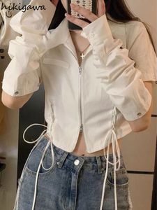 Women's Blouses Shirts Cropt Tops 2023 Bluses Mujer De Moda Puff Sleeve Lace Up Zipper Y2k Clothes Tunic Folds Korean Fashion Summer 230715