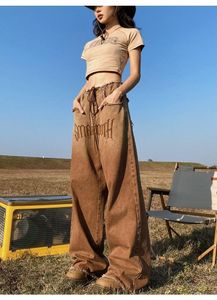Kadınlar kot y2k kahverengi vintage grunge hip hop denim pantolon kadın 90s sokak tarzı geniş bacak pantolon yüksek bel düz bacak 230715