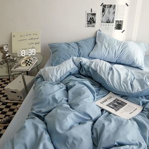 Bedding sets Solid Blue Duvet Cover Set Flat Sheet with Pillowcases Twin Full Size Boys Girls Bed Linen Grey Green Bedding Kit 230715