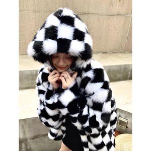 Fur Chic Woman Winter Furry Checkerboard Bomber Jacket Faux Fox Fur Black White Plaids Hooded Coat Flocking Cardigan Fleece Tops