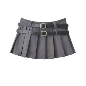 Skirts Y2K Mini Skirt Women Korean Fashion Pleated Summer Casual Vintage Preppy Style Solid Two Belts Short 2023 230714