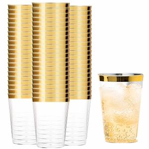 Disposable Dinnerware 25 50Pcs Golden Plastic Cup 300ml Wine Glass Transparent Drink Birthday Wedding Supplied 230715