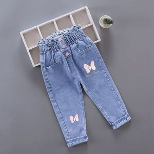 Jeans Kids Girl Floral Cartoon Long Pants Spring Autumn Graffiti Målning Tryck Casual byxor med hålbarn denim 230714