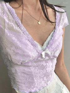 Camisetas femininas Lace Patchwork Sweet Tee Bow Kawaii Y2K Estética Crop Tops Verão Mangas Curtas Bonito Decote em V Roupas Slim
