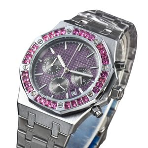 Watch Quartz Movement Designer Large Grain Diamond Watches Purple Dial Stainless Steel Business Waterproof Wristwatch Men Wristband Montre De Luxe Bracele Gift