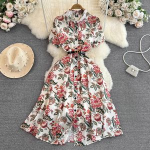 French Tea Break Long Skirt Gentle Style Short Sleeve Polo Neck Wrapped Waist Show Thin Single breasted A-line Printed Shirt Dress