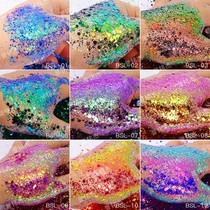 Paznokcie Glitter 100G 500G Hurtowa kolor sześciokąta Zmiana Kolorowa twarz wzroku Rzemiosło Sztuka Chameleon Shift Flower Chunky Proszek 230714