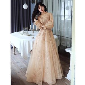 Host Evening Dress Female Temperament Banquet 2021 Autumn Champagne Color Long Style Elegant And Sexy Look Thin Ethnic Clothing225e