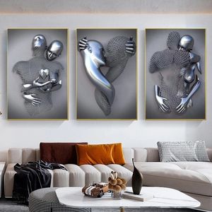 Pinturas 3D Love Heart Grey Metal Figure Statue Painting on Canvas Art Posters and Prints Wall Pictures for Living Room Home Decoration 230714