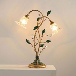 Table Lamps French Romantic Flower Desktop E14 Decorative Light Home Living Room Bedside Glass Copper Green Leaf LED