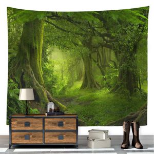 Tapissries Dome Cameras Sepyue Forest Green Tree in Misty Forest Wall Hanging Nature Scenery Tapestry Decor för vardagsrum sovrum