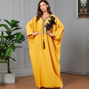 Etniska kläder Ramadan Yellow Long Sleeve Muslim Abaya Dress for Women Eid Arab Jalabiya Marocain Clothes Turkiska klänningar Marockanska Kaftan