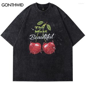 Erkekler Hip Hop büyük boy tişört sokak kıyafeti vintage meyve kiraz grafik baskı yıkanmış tişört 2023 harajuku moda punk gotik tişört