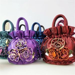 Shopping Bags Elegant Flower Drawstring Bag Women Ethnic Style Rose Bucket Party Handbag Mobile Phone Female Makeup